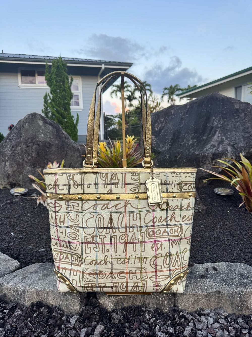 Coach Heritage Tattersall Graffiti Gold Tote F13187